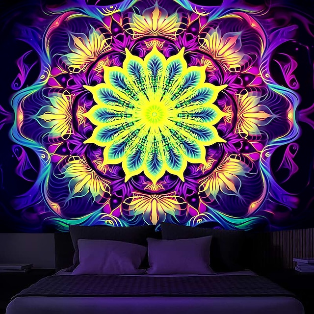  Tapeçaria de luz negra brilho reativo uv na mandala trippy boêmio enevoado natureza paisagem tapeçaria suspensa mural de arte de parede para sala de estar quarto