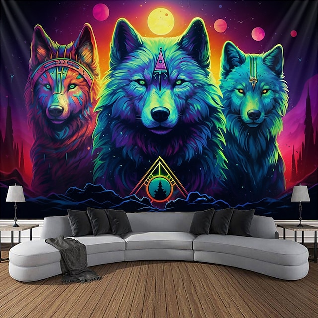  Blacklight Tapestry UV Reactive Glow in the Dark Wolves Animal Trippy Misty Nature Landscape Hanging Tapestry Wall Art Mural for Living Room Bedroom