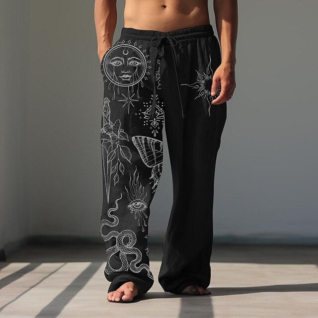 Men's Sun Linen Pants Pants Trousers Baggy Pants Mid Waist Vintage Outdoor Daily Wear Streetwear Fall & Winter Black White Green 7