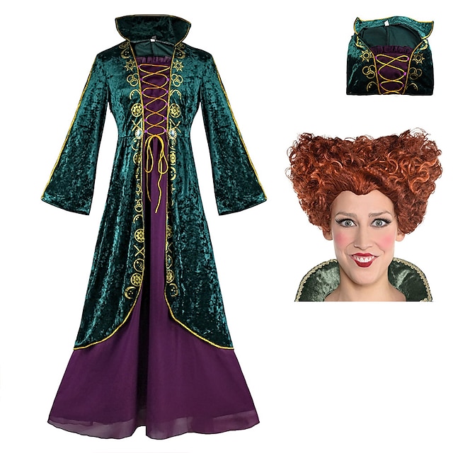  hocus pocus bruja winifred vestido capa baile de máscaras mujer cosplay de películas cosplay fiesta de disfraces verde disfraces de halloween poliéster / algodón con peluca