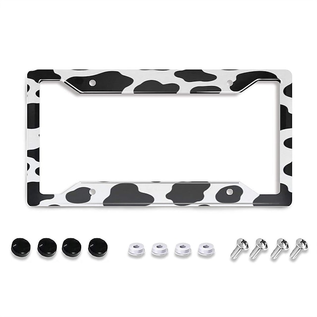  Kfz-Kennzeichenrahmen mit Kuh-Aufdruck, weiß-schwarzes Punktdesign, Edelstahl-Aluminium-Autokennzeichen-Abdeckungshalter, Auto-Auto mit 4 Löchern und Schrauben