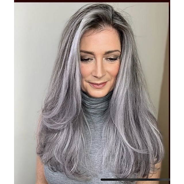  grå långa lager peruker för kvinnor silver vågiga peruker naturligt syntetiskt hår peruk för daglig fest användning julfest peruker