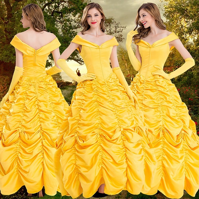  Schone Slaapster Schoonheid en het beest Prinses schone Bloemenmeisje jurk Tule jurken Dames Film cosplay Cosplay Kostuum feest Geel Halloween Carnaval Kleding Handschoenen