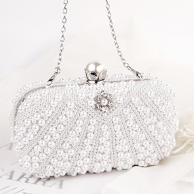  Women's Clutch Evening Bag Wristlet Clutch Bags Synthetic Party Christmas Bridal Shower Pearls Crystals Chain Large Capacity Durable Solid Color white rhinestone pearls