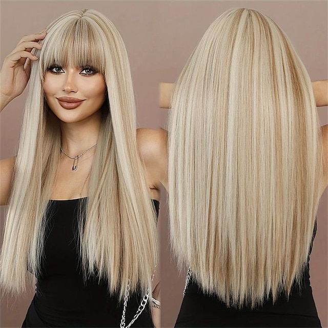  Synthetic Wig Straight Neat Bang Wig Long A1 A2 A3 Synthetic Hair Women's Fashionable Design Soft Natural Pink Dark Gray Blonde