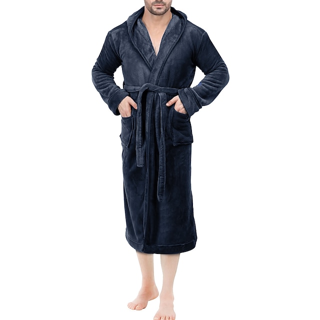  Homme Pyjamas robe Peignoir Robe de bain 1 pcs Plein mode Décontractées Confort Intérieur du quotidien Lit Polaire Confort Chaud Sweat à capuche manche longue Poche Automne Hiver Noir Bleu de minuit