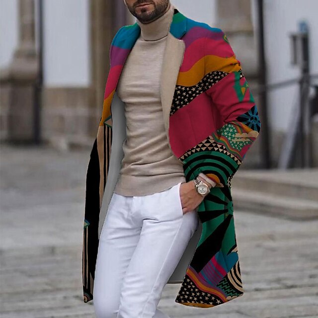 Men's Abstract Graphic Prints Winter Coat Overcoat Coat Warm Comfortable Breathable Fashion Streetwear Business Work Wear to work Going out Pocket Print Fall & Winter Turndown Long Sleeve Rainbow2