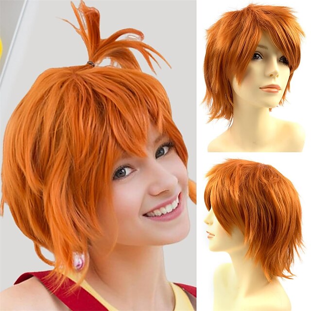  Rose bud Anime Halloween Wig Dark Orange for Cosplay Party Synthetic Layered Short Hair Wigs with Bangs Pastel Wigs for Women Men Kids