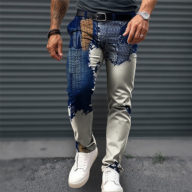  Färgblock Affär Abstrakt Herr 3D-utskrift Kostymbyxor Byxor Utomhus Dagliga kläder Streetwear Polyester Marinblå Blå Brun S M L Medium Midja Elasticitet Byxor