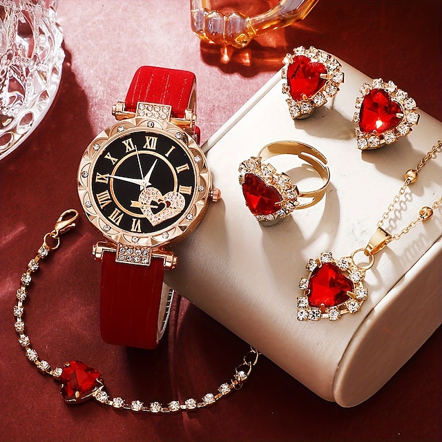  6 יח'\סט שעון נשים יוקרתי ריינסטון קוורץ שעון יד אנלוגי כוכב וינטג' & סט תכשיטים מתנה לאמא שלה