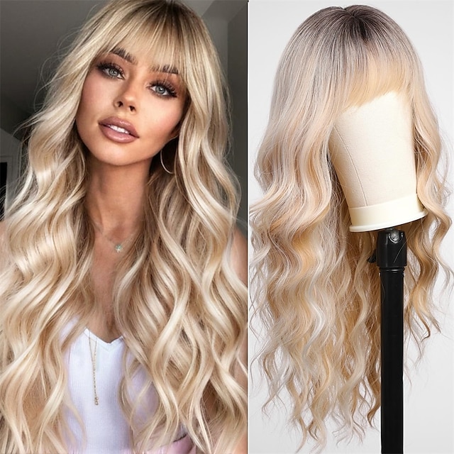  Ombre Blonde Wigs with Bangs Long Curly Wig for Women Blonde Long Wavy Wig Synthetic Hair Wig for Party Cosplay Daily Use 24IN