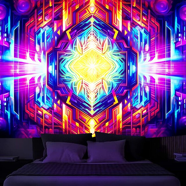 Blacklight Tapestry UV Reactive Glow in the Dark Glow Party Neon Trippy Misty Colorful Mandala Hanging Tapestry Wall Art Mural for Living Room Bedroom 20