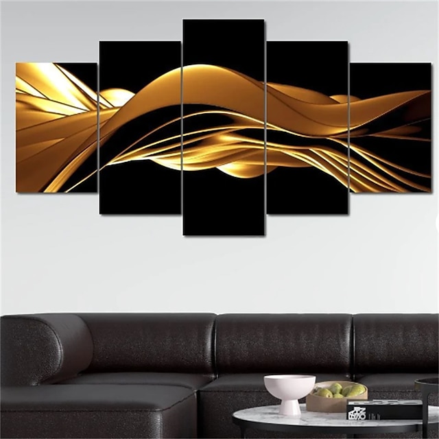  5 Panels Wall Art Canvas Abstract Golden Wave Prints Posters Painting Home Decoration Wall Hanging Gift Rolled Canvas No Frame Unframed Unstretched