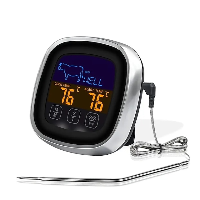  kødtermometer digitalt kødtermometer med stor berøringsskærm lcd med lang sonde køkken timer grilltermometer madlavning kødtermometer øjeblikkelig aflæsning til ryger køkken grill ovn