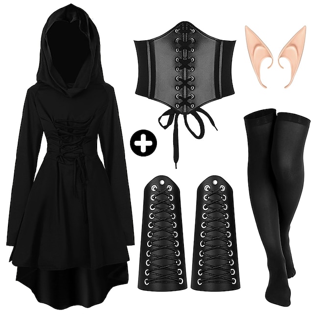  Retro Vintage Punk e gótico Medieval Vestidos Corpete Roupa Viking Ranger Elfo Tiro com arco Mulheres Viking Fantasia Dia Das Bruxas Carnaval Festa Casual / Diário LARP Adulto Vestido Cinto Meias