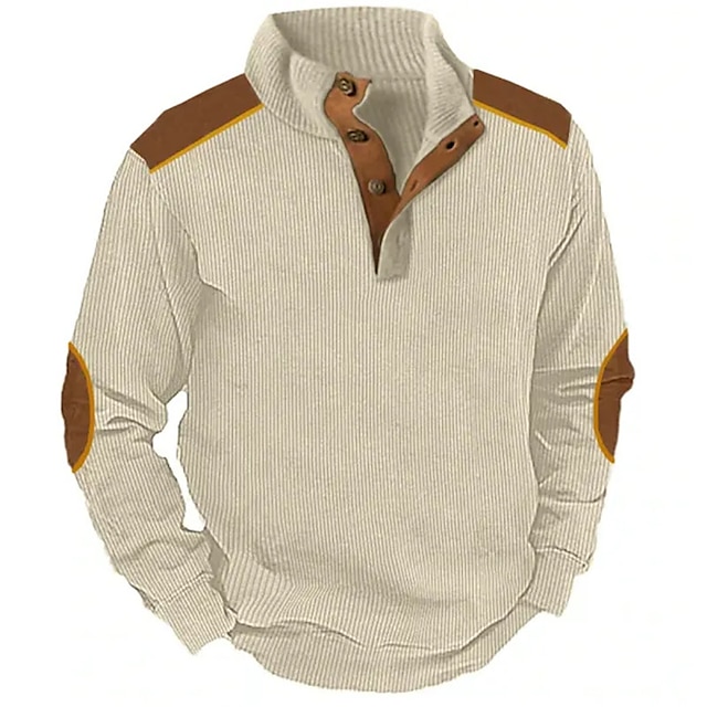 Men's Sweatshirt Khaki Standing Collar Color Block Patchwork Sports & Outdoor Daily Holiday Corduroy Streetwear Basic Casual Spring &  Fall Clothing Apparel Hoodies Sweatshirts 