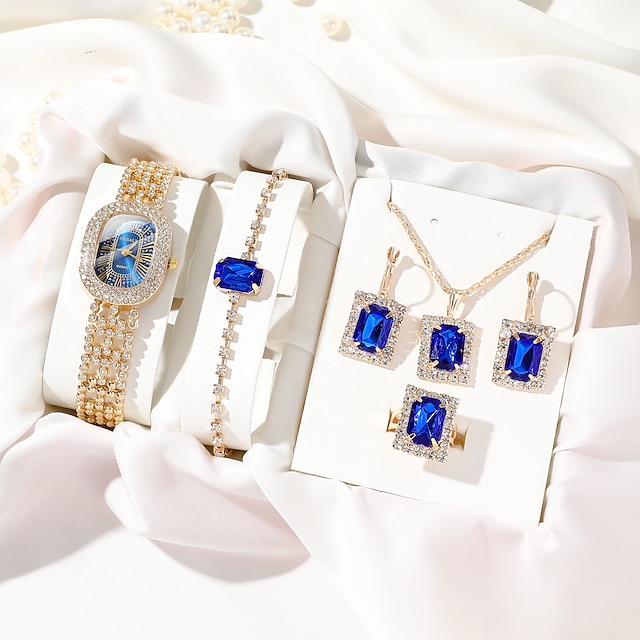  6pcs/set Women's Watch Luxury Rhinestone Quartz Watch Vintage Star Analog Wrist Watch & Jewelry Set Gift For Mom Her
