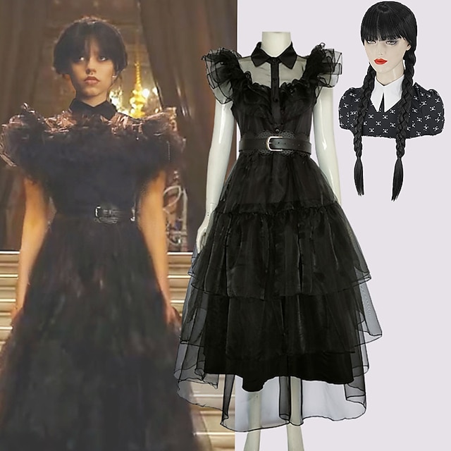  Wednesday Addams Addams family Wednesday Dress Women‘s Girls‘ Movie Cosplay Gothic Black Dress Belt Masquerade Polyester World Book Day Costumes With Wig