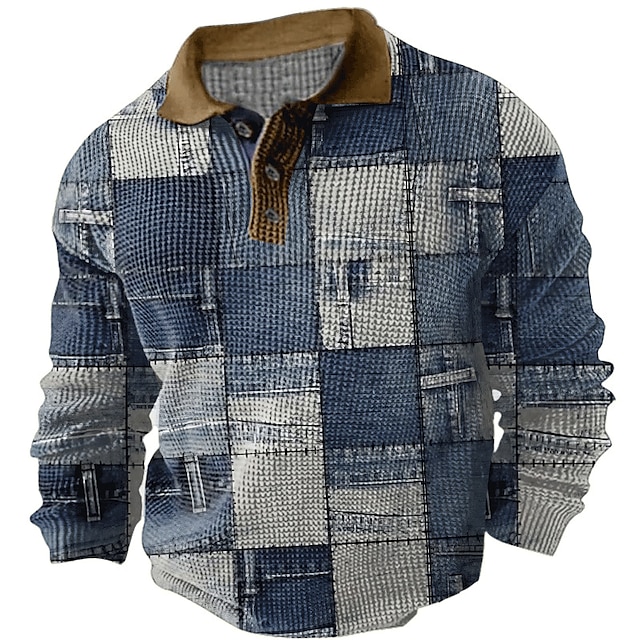  Herren Karomuster Waffel-Poloshirts Golfshirt Langarm Polo-Shirts Hemden mit Kragen Vintage Lässig Urlaubskleidung Formelle Kleidung Festivalkleidung Knöpfe 3D-Druck Herbst Winter Schwarz Blau Khaki