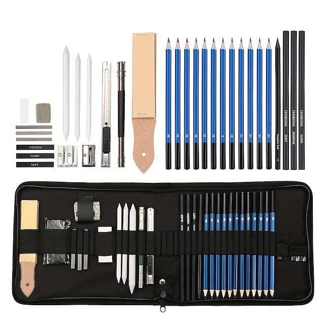  bview art Confezione da 32 matite da disegno set kit da disegno professionale con matite per schizzi bastoncini di carbone di grafite in custodia portatile forniture da disegno per studenti artisti