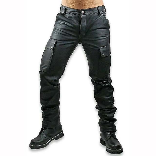  Men's Trousers Faux Leather Pants Casual Pants Pocket Plain Comfort Breathable Outdoor Daily Going out Fashion Casual Black