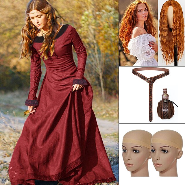  conjunto com vestido medieval onda de água longa perucas vermelhas cinto bolsa 2 * bonés de peruca vestido vintage renascentista outlander vikings plus size traje de cosplay feminino halloween larp