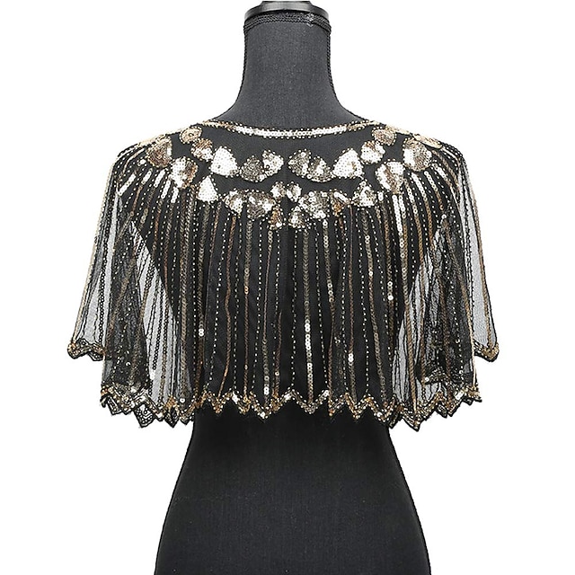 Women 1920s Sequined Shawl with Tassels Beaded Pearl Fringe Sheer Mesh Wraps Gatsby Flapper Bolero Cape Cover Up