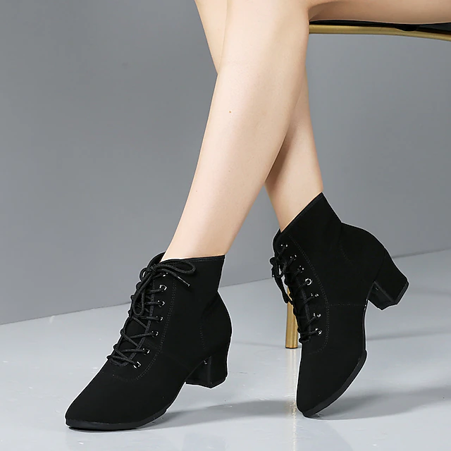 Women's Modern Shoes Practice Trainning Dance Shoes Performance Training Heel Cuban Heel Round Toe Lace-up Adults' Black Red 15