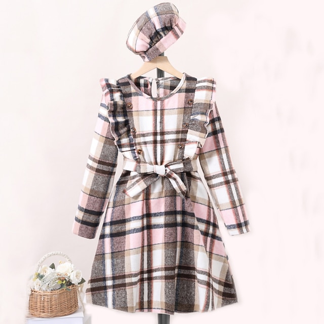  Kids Girls' Dress Plaid Long Sleeve School Outdoor Casual Lace up Elegant Daily Polyester Midi Spring Fall Winter 5-12 Years Pink