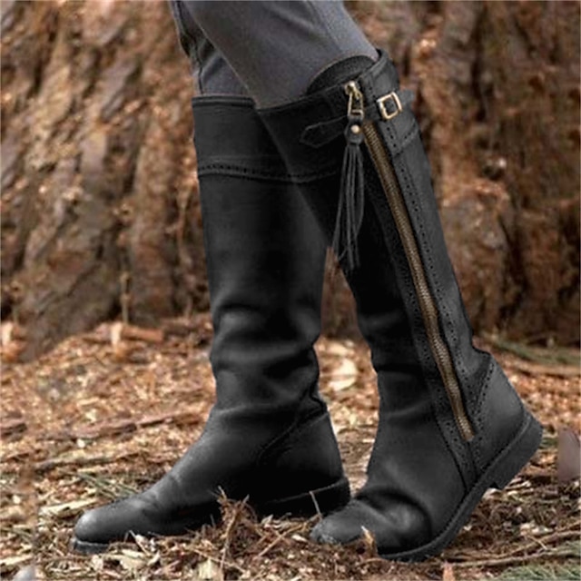  Women's Boots Motorcycle Boots Plus Size Work Boots Outdoor Daily Solid Color Cut-out Knee High Boots Buckle Zipper Flat Heel Round Toe Vintage Casual Comfort Faux Leather Zipper Black Brown