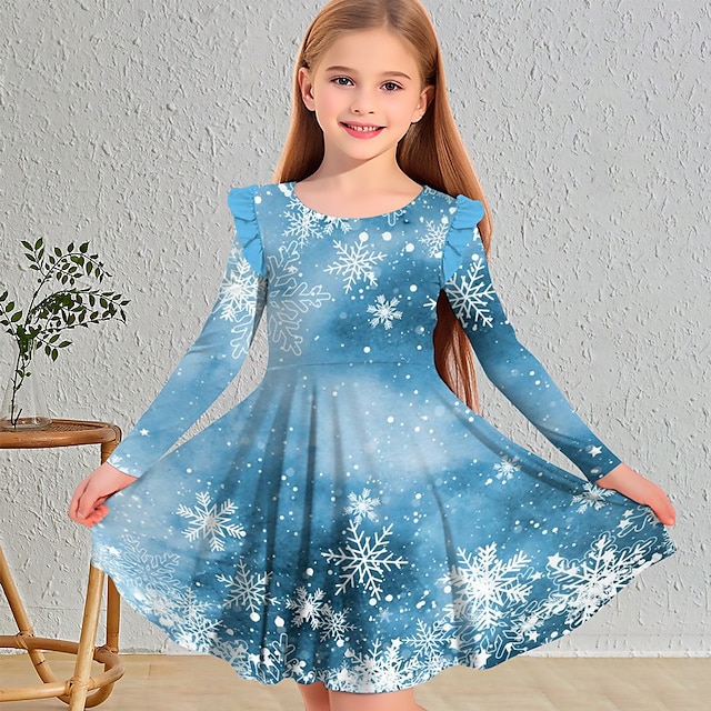  dívčí 3D kostkované sněhové vločkové šaty s dlouhým rukávem 3D tisk podzim zimní sporty a outdoor denní dovolená roztomilý ležérní krásné děti 3-12 let ležérní šaty šaty nad kolena polyester