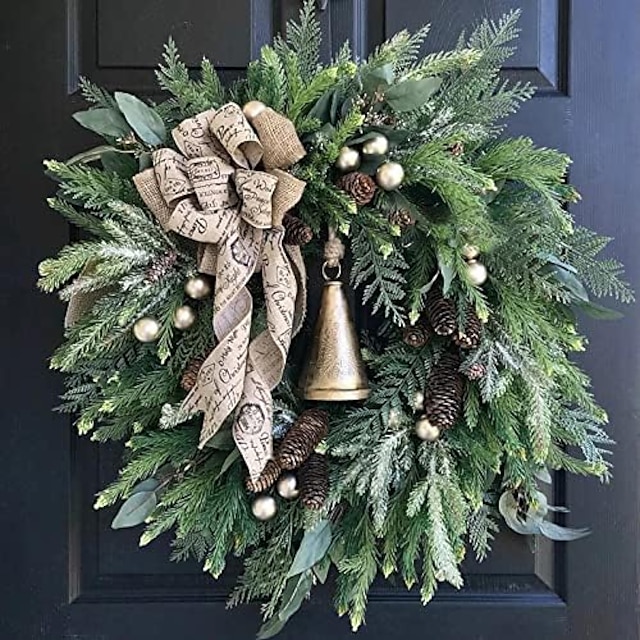  wiejski wieniec bożonarodzeniowy, kreatywna świąteczna girlanda z szyszek sosnowych z dzwonkiem trwały wieniec świąteczny wiszący na drzwiach wejściowych ozdoba na okno ściana domu