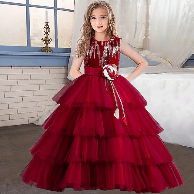  Kids Girls' Party Dress Solid Color Sleeveless Performance Wedding Birthday Sequins Adorable Princess Beautiful Cotton Party Dress Spring Fall Winter 3-12 Years Red Blue Green