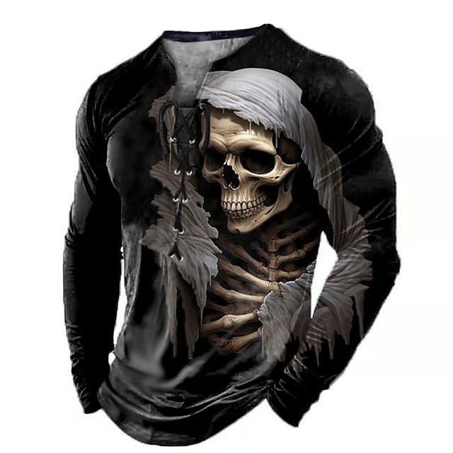  Graphic Skulls Daily Outdoor Vintage Retro Men's 3D Print T shirt Tee Casual Holiday Going out T shirt Blue Brown Green Long Sleeve Collar Shirt Spring &  Fall Clothing Apparel S M L XL 2XL 3XL