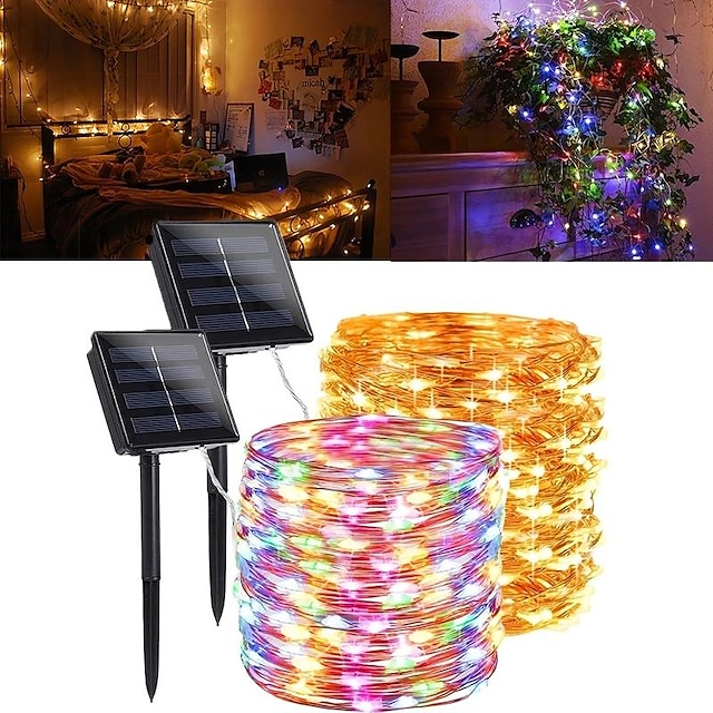  Guirnaldas de luces solares para exteriores, luces de hadas alimentadas por energía solar con 8 modos, decoración impermeable, luces de alambre de cobre para patio, árboles, fiesta de bodas de Navidad