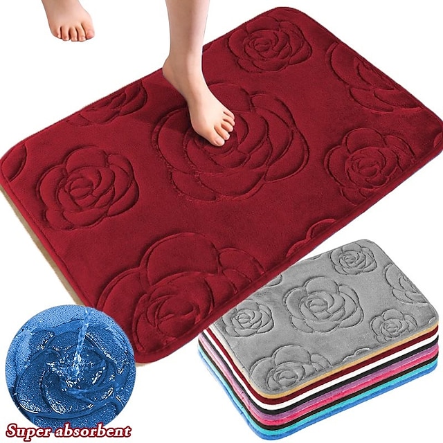  1 stk badetæpper, rosenblomstmønstret badeværelsesbademåtte flannel skridsikkert tæppe badekar gulvtæppe brusebad dørmåtte memory skummåtte vaskbart tæppe