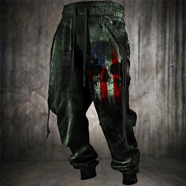  Doodskoppen Amerikaanse vlag Punk Gotisch Voor heren 3D-afdrukken Joggingbroeken Broeken Buiten Straat Casual / Dagelijks Polyester Blauw Bruin Groen S M L Medium Taille Elasticiteit Broek