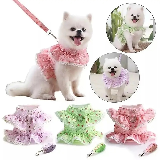  Joli gilet harnais en dentelle à motif de fleurs pour chien avec ensemble de laisse - maille douce et respirante pour chiens de petite et moyenne taille - parfait pour les promenades en plein air et