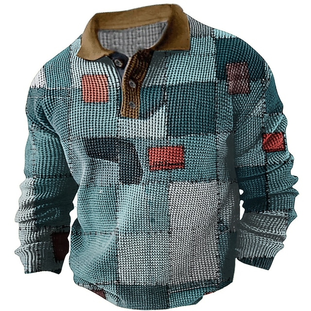  Herren Karomuster Golfshirt Langarm Polo-Shirts Hemden mit Kragen Vintage Lässig Urlaubskleidung Formelle Kleidung Festivalkleidung Knöpfe 3D-Druck Herbst Winter Blau Khaki Hellblau