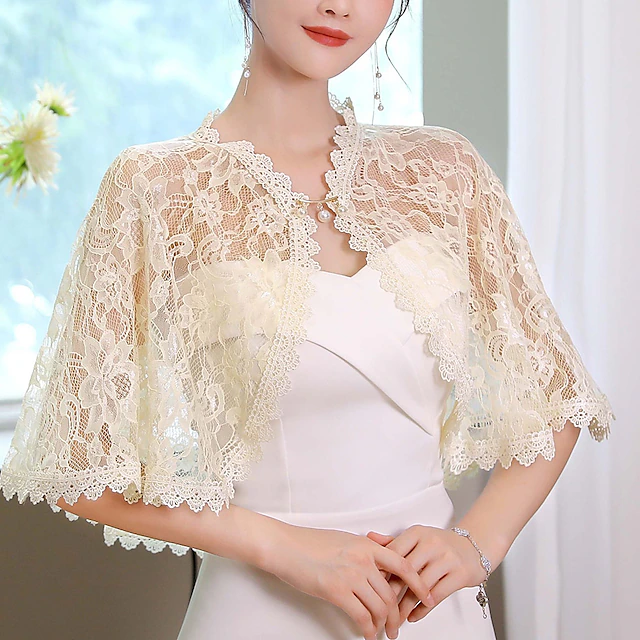Women's Wrap Shrug Bridal's Wraps Wedding Guest 's Wraps Cape Elegant Luxury Sleeveless Polyester Wedding Wraps With Lace For Wedding Summer 8