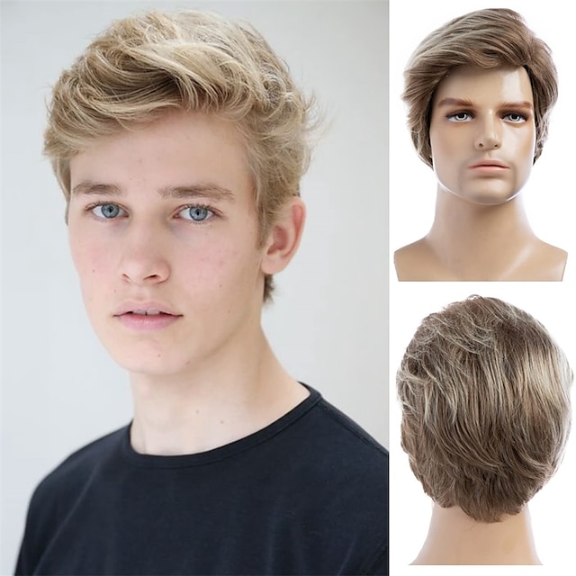  Men Short Blonde Wigs Short Layered Mixed Blonde Wig Synthetic Replacement Costume Halloween Natural Hair Wigs