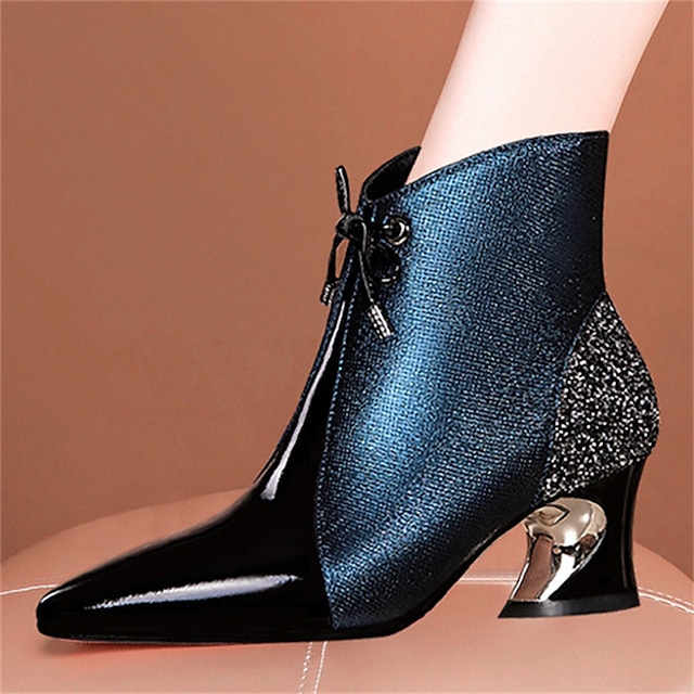  Women's Boots Plus Size Heel Boots Outdoor Daily Booties Ankle Boots Winter Cuban Heel Fantasy Heel Pointed Toe Elegant Sexy Glitter PU Zipper Blue