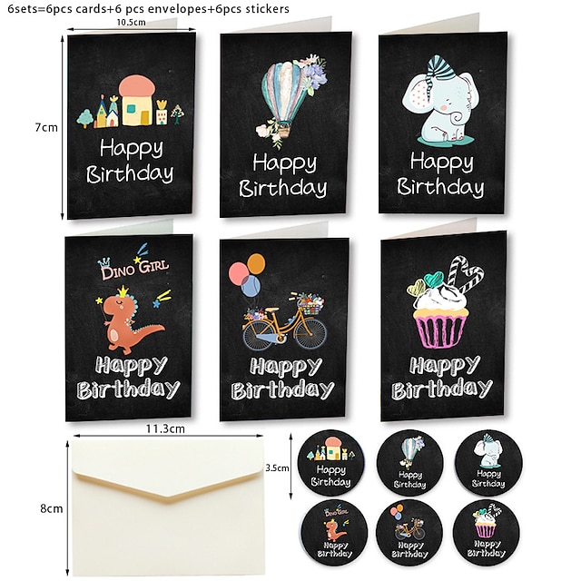  6pcs/sets Happy Birthday Card Cute Cartoon Dinosaur Cake Gift Postcard with Envelope Sticker Birthday Party Invitation Greeting Card.