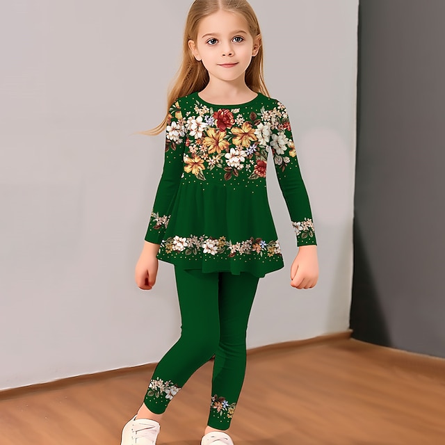  Dívčí 3D Květinový Tričko a legíny Sada volánkových šatů Dlouhý rukáv 3D tisk Podzim Zima Aktivní Módní Denní Polyester Děti 3-12 let Tričkový Venkovní Rande Dovolená Běžný
