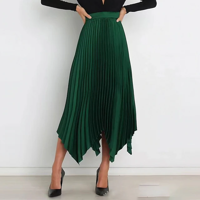 Women's Skirt Swing Long Skirt Elegant Fashion Maxi High Waist Skirts Solid Colored Pleated Asymmetric Hem Party Street Black White Wine Dark Green Spring & Summer Satin 35