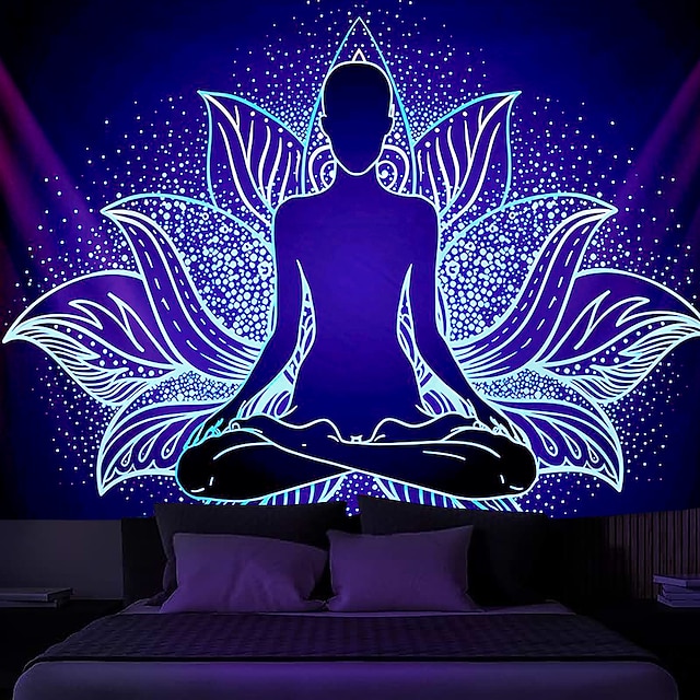  Tapisserie de méditation bohème à lumière noire, réactive aux UV, lueur dans le noir, Bouddha trippy brumeux chakra, tapisserie murale à suspendre pour salon, chambre à coucher