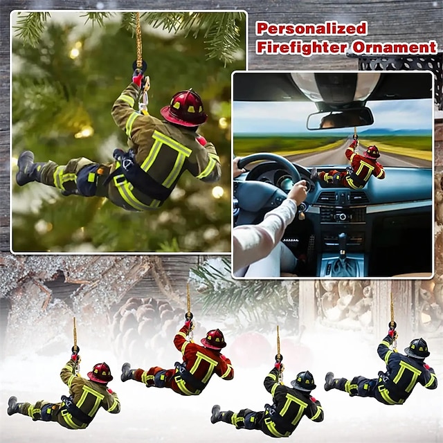  4pcs Firefighter Ornament For Christmas Tree Car Rearview Mirror Hanging Pendant, Acrylic Firefighter Uniform Christmas Ornament Decorations Gift For Xmas Holiday Party
