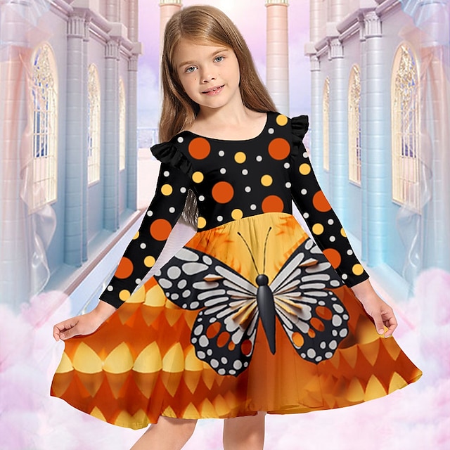  Girls ' 3D Pillangó Fodros ruha Hosszú ujj 3D nyomtatás Ősz Tél Sport & Szabadtéri Napi Szabadság aranyos stílus Alkalmi gyönyörű Gyerekek 3-12 év hétköznapi ruha A vonalú ruha Térd feletti Poliészter