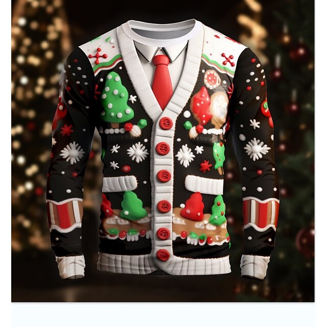 Christmas Men's Ugly Merry Christmas Christmas Pattern T Shirt Funny T Shirts Long Sleeve T shirt 3D Print Crew Neck Shirt Daily Outdoor Casual Party Casual Holiday Black Spring &  Fall Clothing2