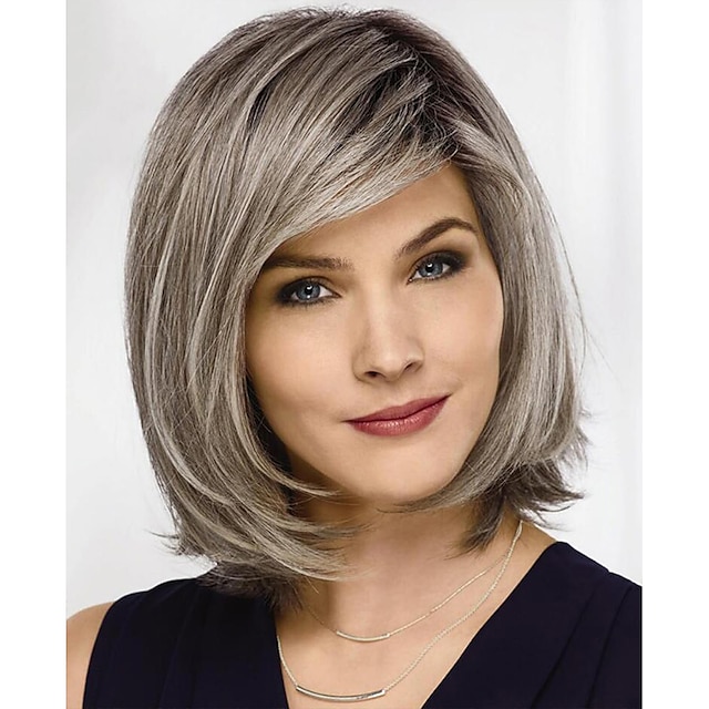  korta ombre grå peruker för kvinnor lager haka längd grå bob peruk mellanlångt rakt hår peruk naturlig syntetperuk